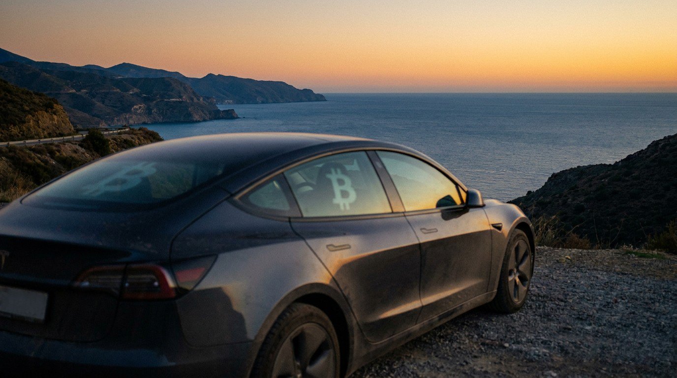 A Tesla Model 3 seen from a three-quarter rear angle, parked on the shoulder of a Mediterranean coastal road near Málaga at dusk, a faint ghostly reflection of a crypto symbol on the rear window, the sea horizon in focus, the warm amber light of the last hour fading into deep blue.