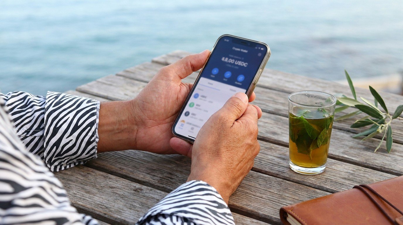 Salah Nomad's hands holding a smartphone displaying a minimalist USDC crypto wallet above a weathered wooden terrace table in Málaga, the zebra-striped shirt sleeve visible on the forearm, a glass of mint tea, a leather notebook corner, and an olive branch around the phone, the Mediterranean soft-focus in the background.