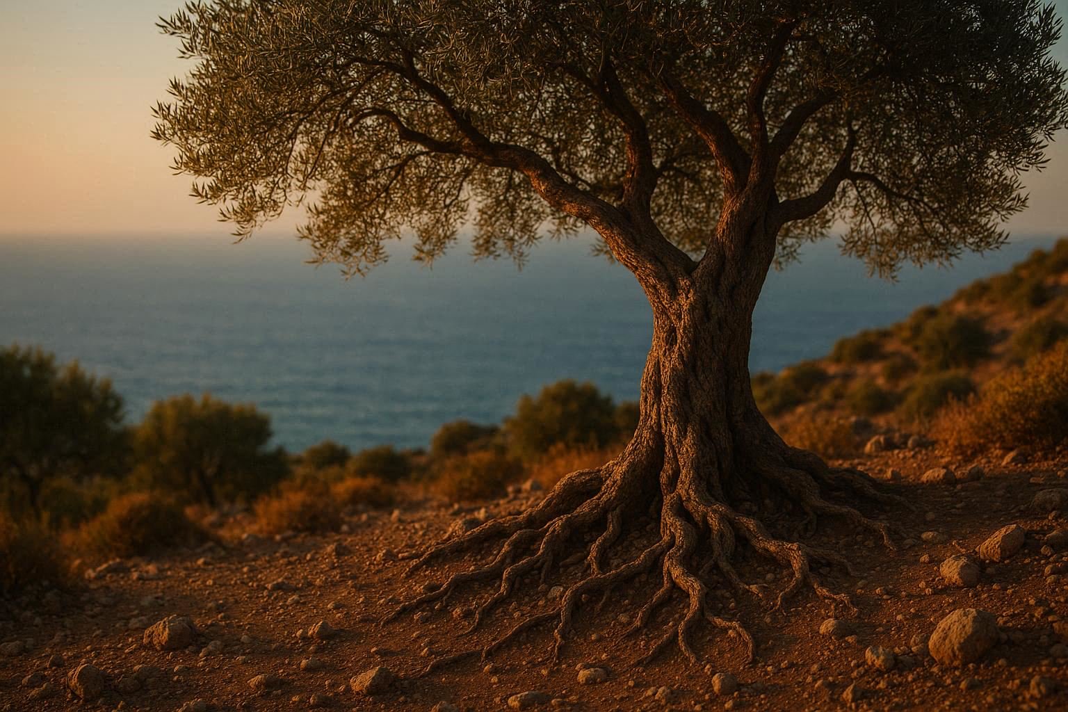 Olive tree at golden hour with Mediterranean sea in background
