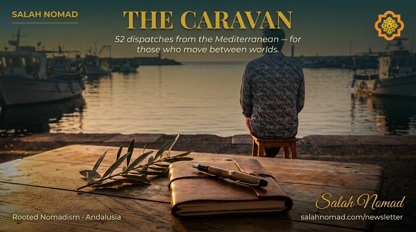 Mediterranean port at dawn with leather journal and olive branch — The Caravan newsletter hero image