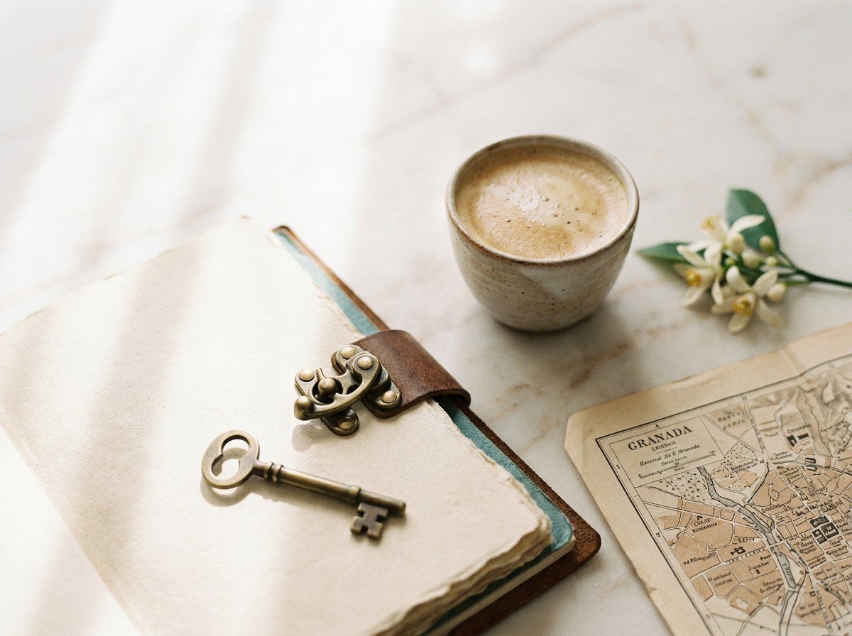 Relocation planning essentials: leather notebook, brass key, espresso, and vintage map – Mediterranean Codex aesthetic