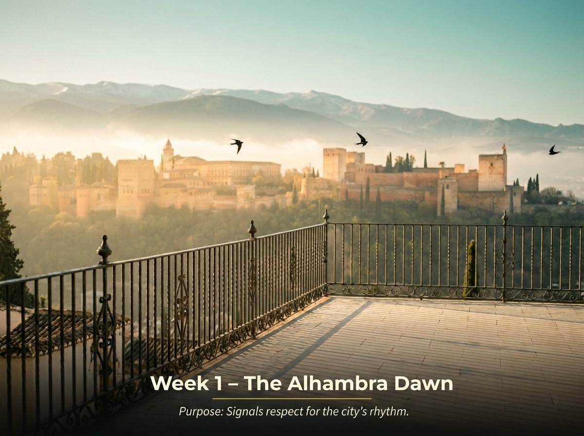Alhambra at dawn – empty and serene, representing the anchoring rituals protocol inside the Codex