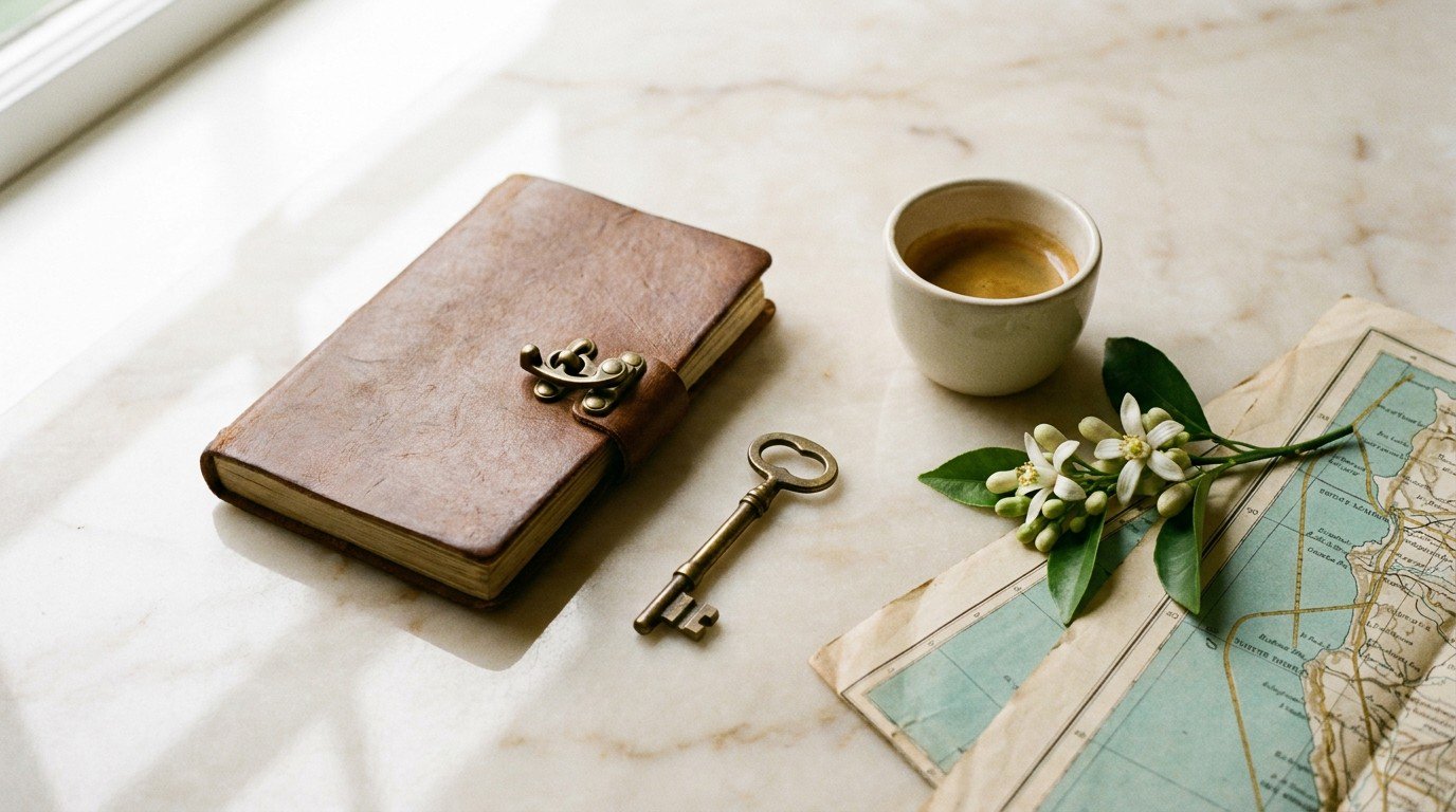 Relocation planning essentials: leather notebook, brass key, espresso, and vintage map – Mediterranean Codex aesthetic