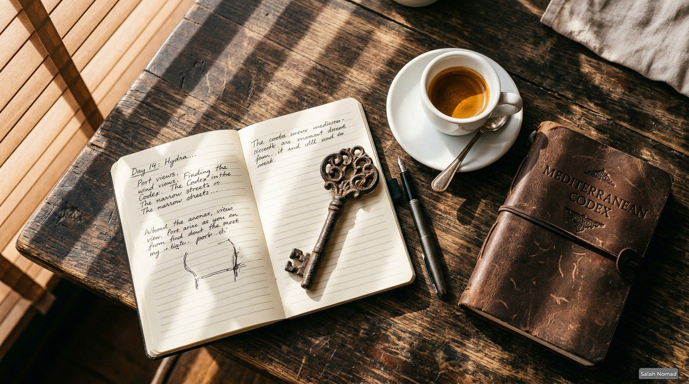 Valencia relocation tools – leather notebook, key, coffee