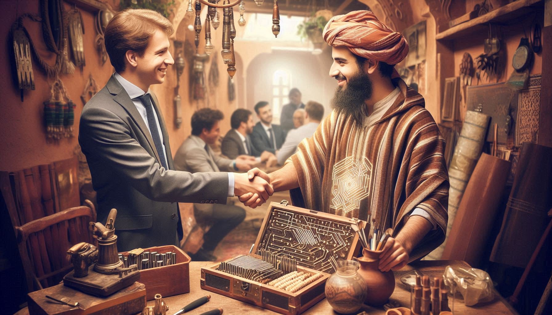 A Western businessman and a traditionally dressed artisan shaking hands over a complex technological artifact, symbolizing trustworthy partnerships and collaborations blending tradition with modernity for Salah Nomad.