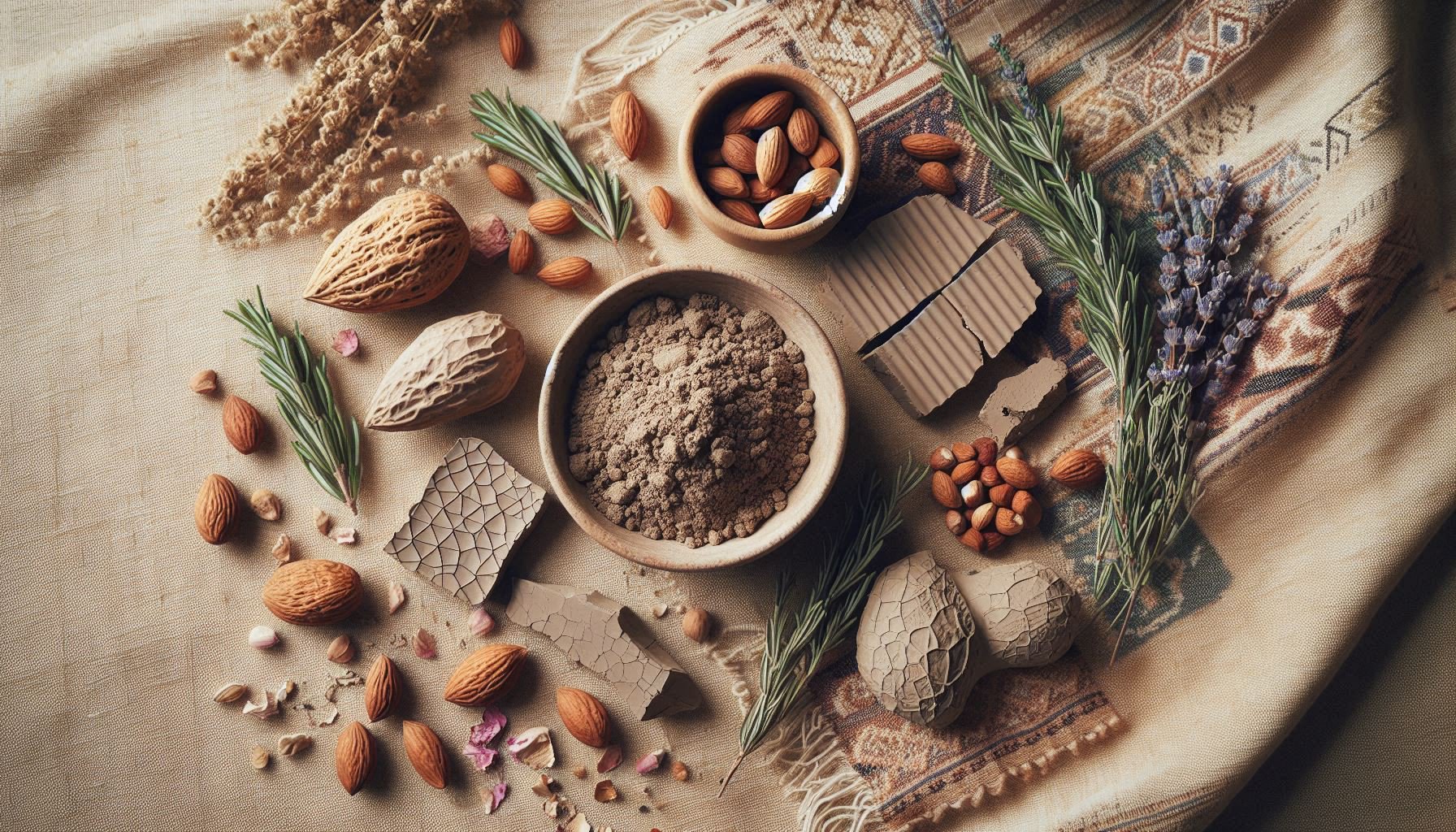 Minimalist flat lay of ancestral wellness kit: raw Ghassoul clay, Argan nuts, and dried herbs on traditional Amazigh textile