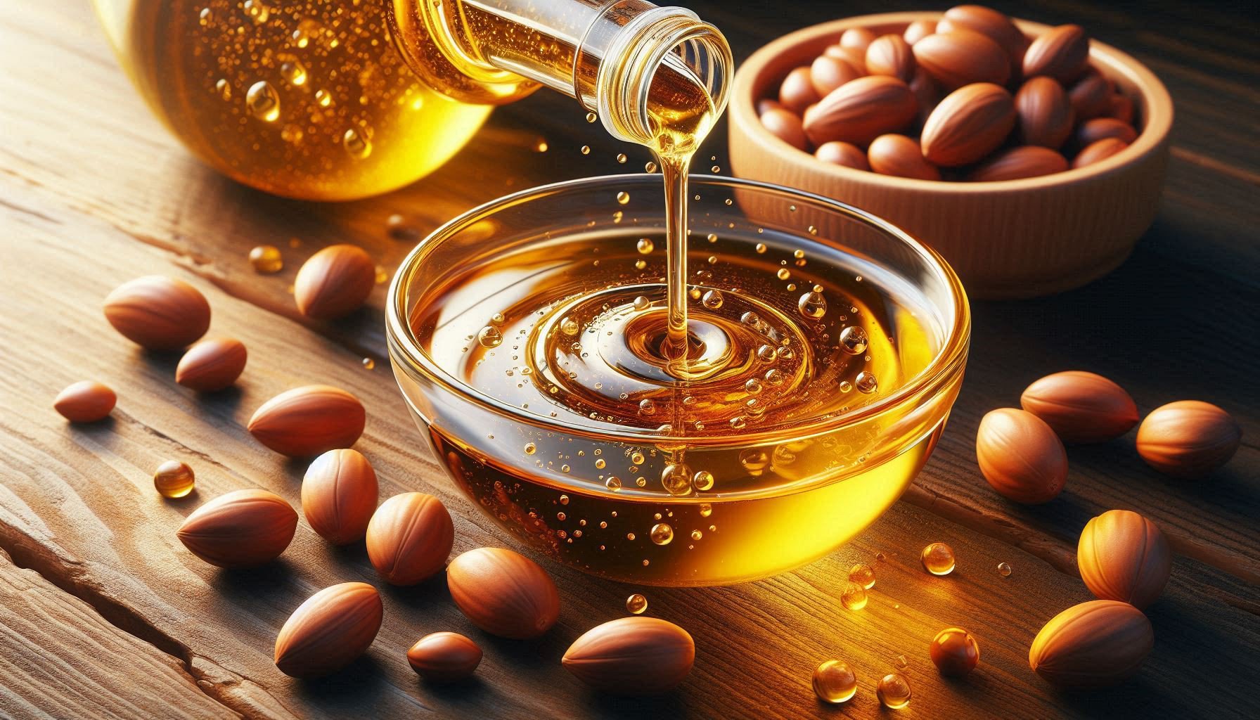 Stream of pure golden Argan oil being poured into small glass bowl with Argan nuts resting beside it