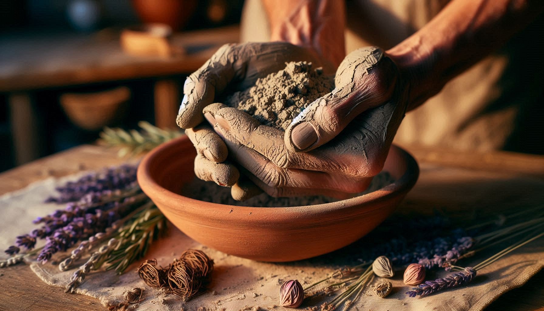 Woman's hands crumbling raw Ghassoul clay into earthenware bowl surrounded by dried rose buds, lavender, and rosemary