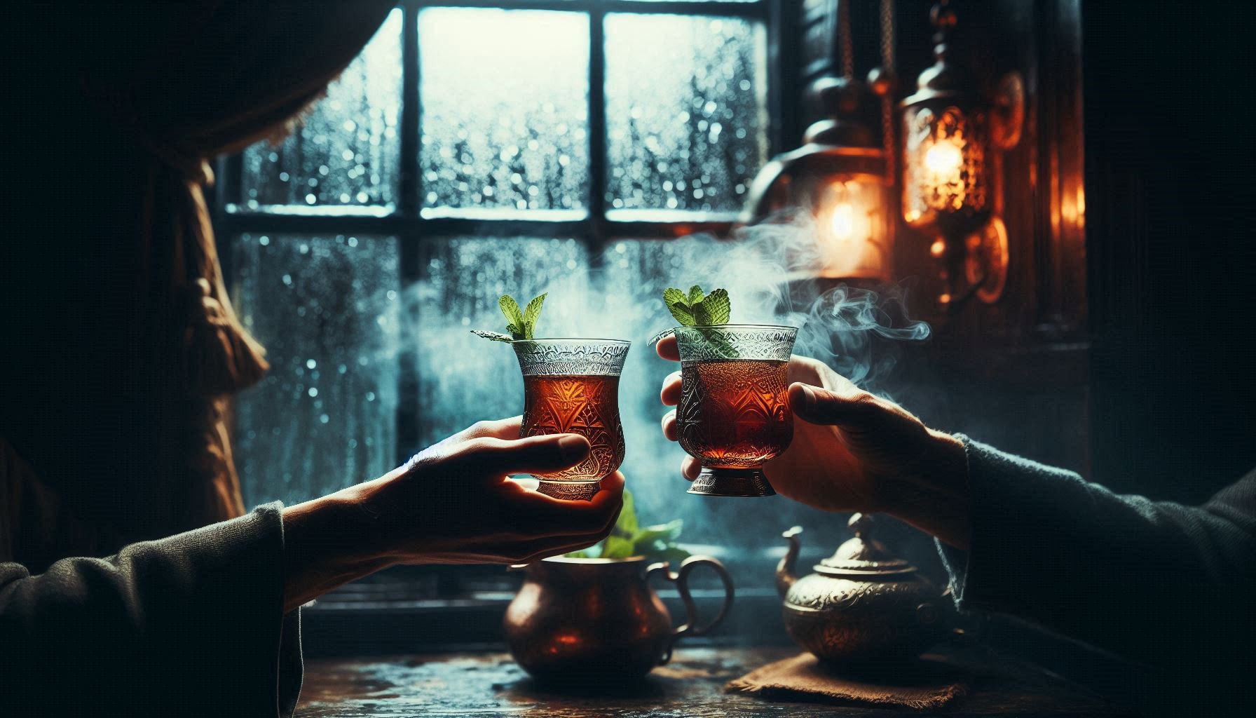 Hands of two men, one Moroccan and one British, holding traditional mint tea glasses in dimly lit pub