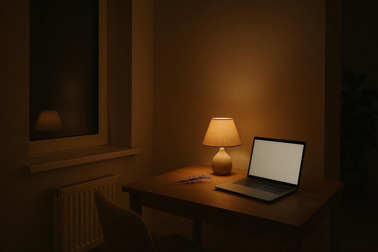 Cozy corner with a ceramic lamp casting warm light on a laptop and rosemary sprig, rest of the room in soft shadow.