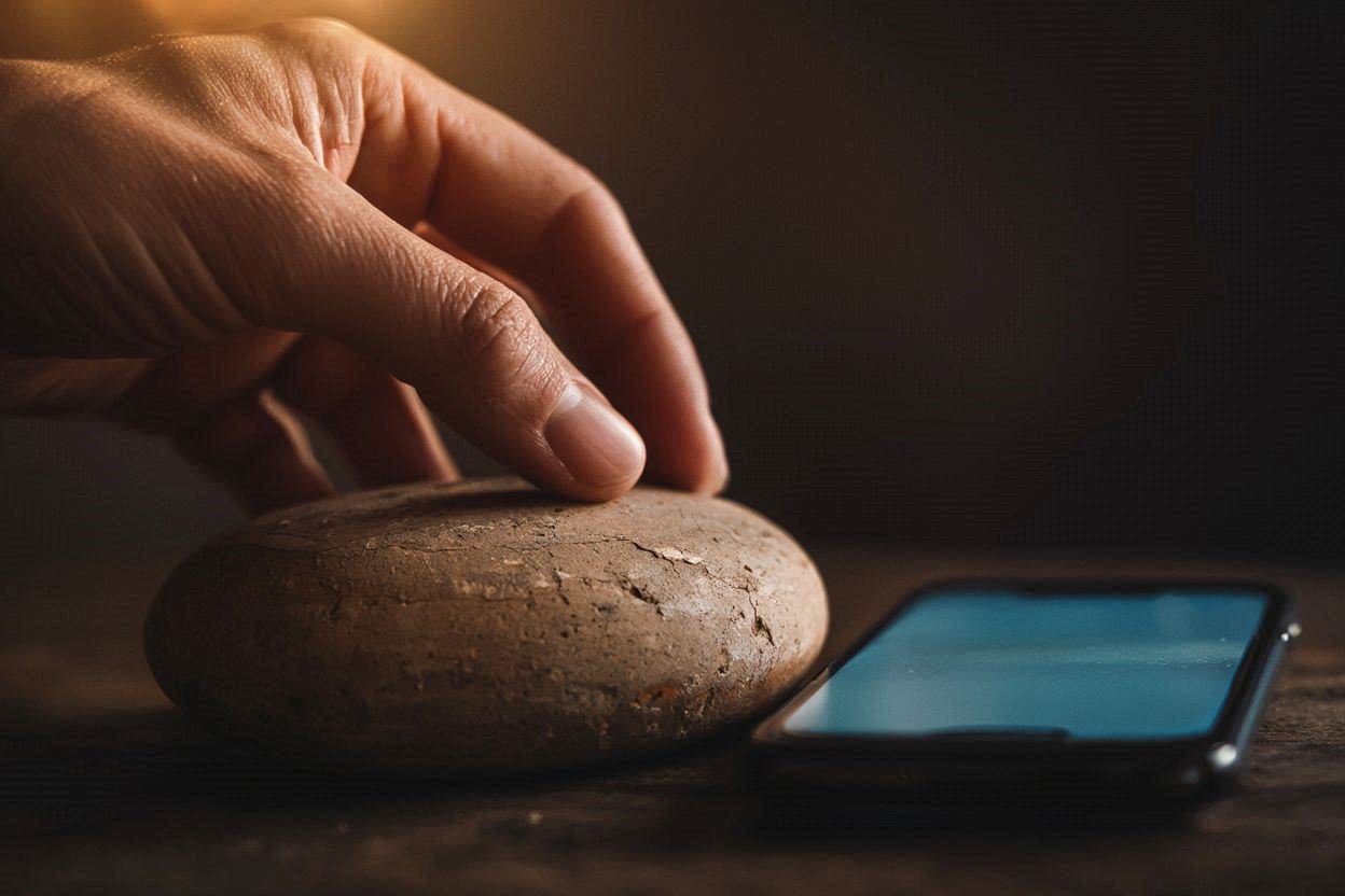Close-up of a hand touching a weathered piece of Moroccan pottery next to a smartphone, warm lighting highlighting texture contrast.