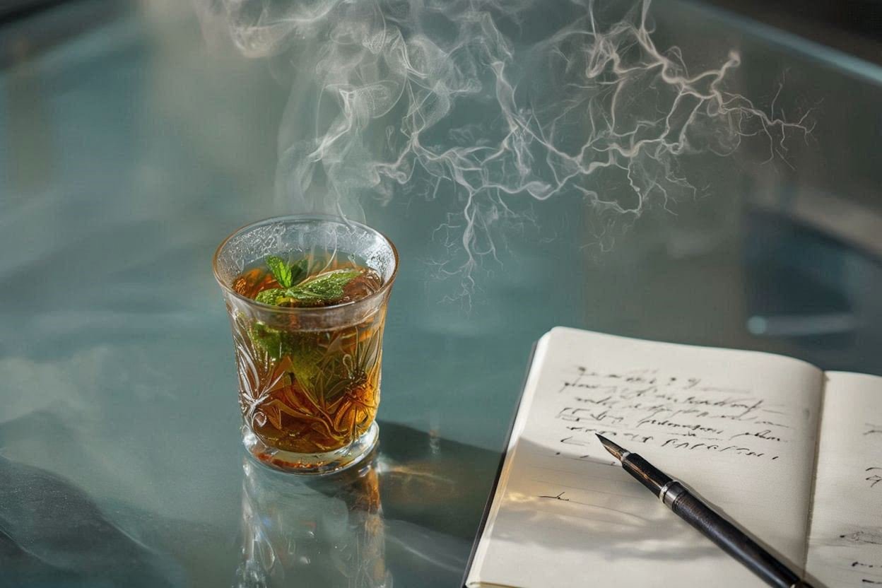 Top-down view of a Moroccan mint tea glass on a glass desk, steam rising in patterns resembling olive tree roots, with a notebook and fountain pen nearby.