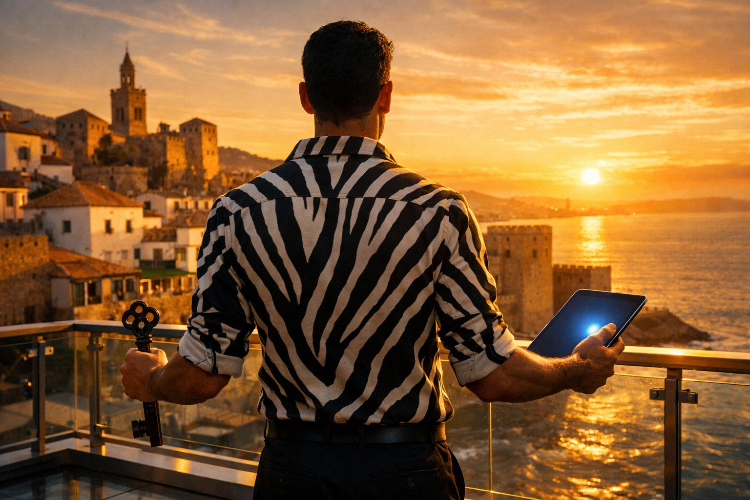 Silhouette of a man in a zebra-striped shirt on a balcony overlooking an ancient Mediterranean city, holding an old iron key and a digital tablet.
