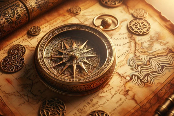 Antique brass compass resting on vibrant cultural map of Mediterranean symbolizing mindful navigation