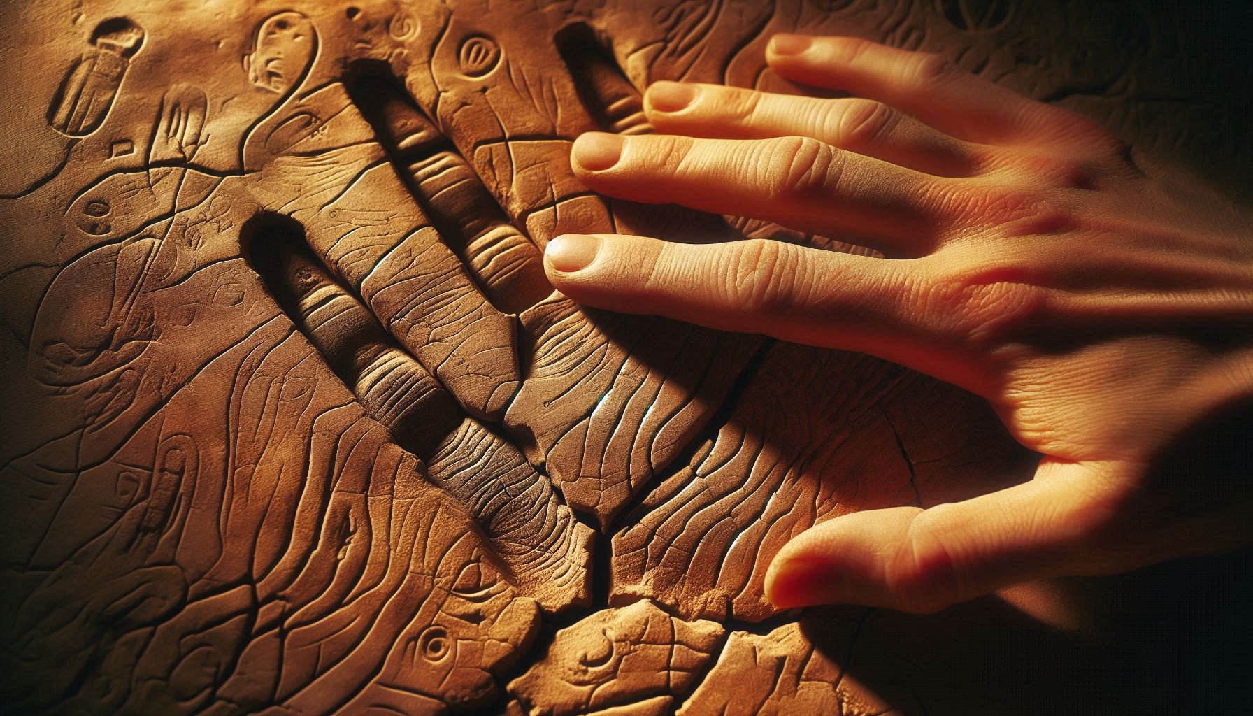 Close-up of hand tracing intricate ancient patterns on Moroccan wall, feeling texture and history