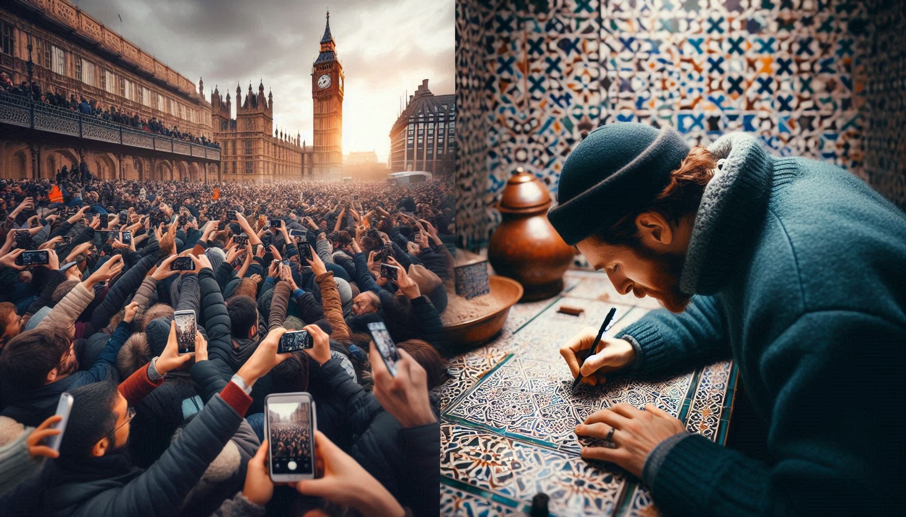 Split-screen image: tourist taking frantic selfie versus traveler calmly sketching patterns in bustling market