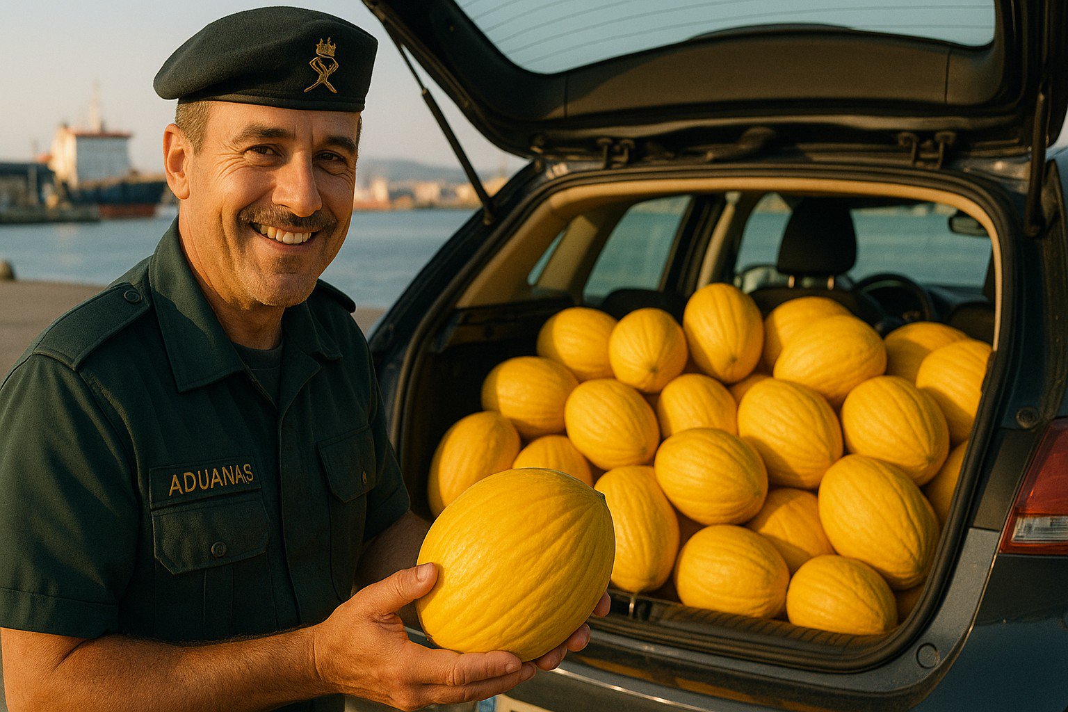 Spanish customs officer smiling at car full of authentic melons from Ksar El-Kébir