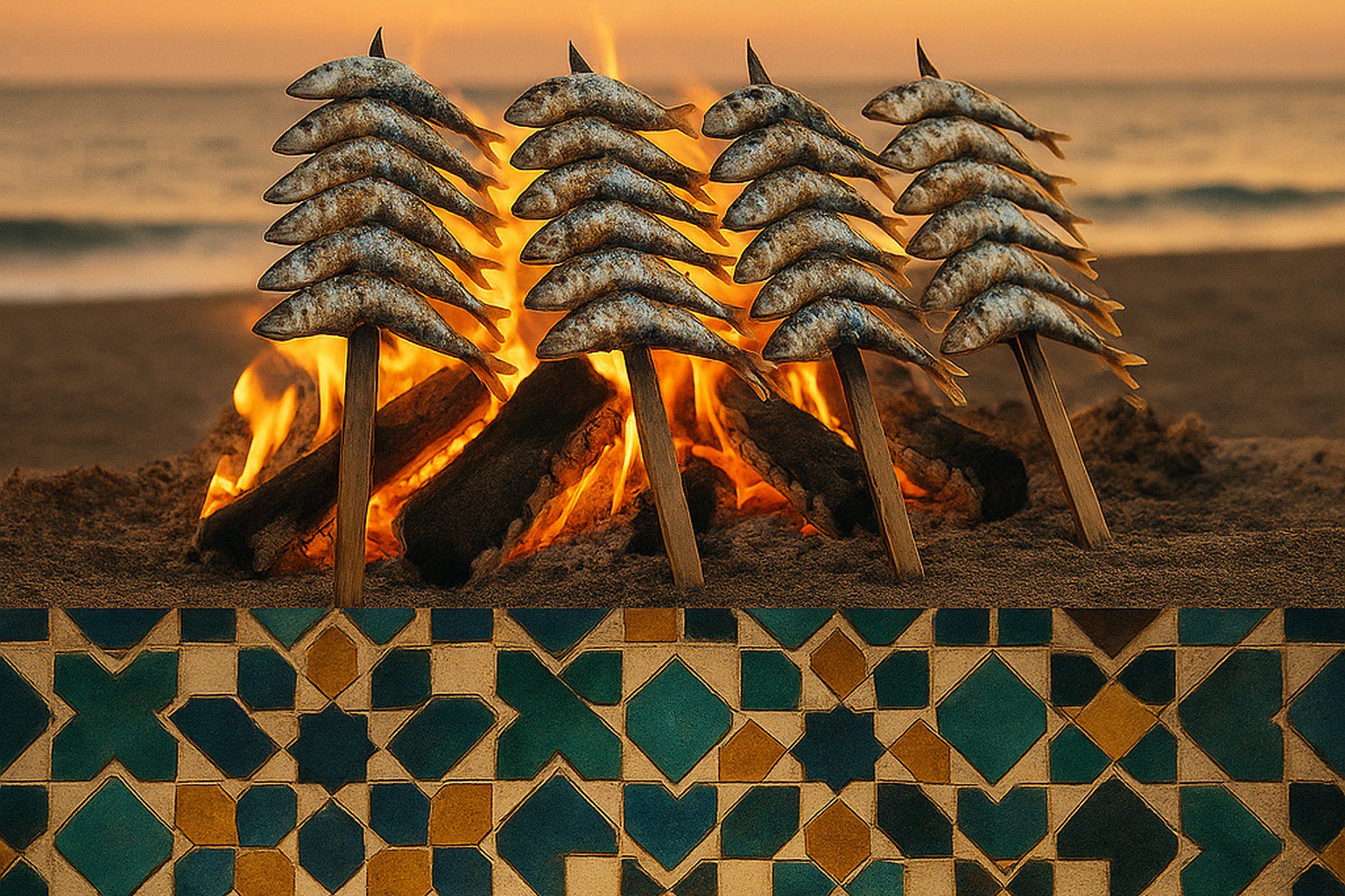 Collage showing why Málaga works: espetos, Alcazaba tiles, Andalusian-Moroccan heritage connections