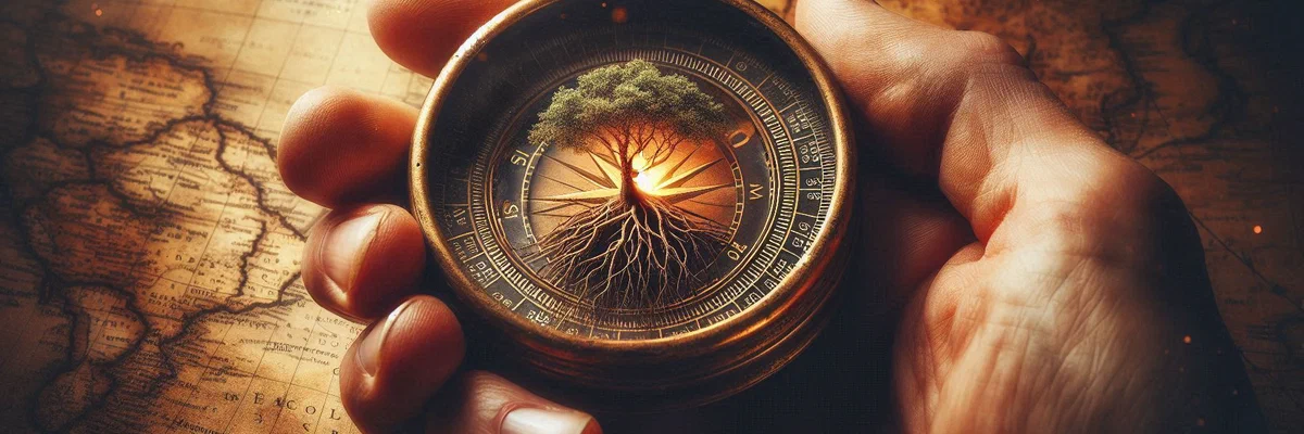 A traveler's hand holds an antique compass over a map. The needle points not north, but to a glowing, miniature, rooted tree at its center, symbolizing that true direction and belonging are found within.