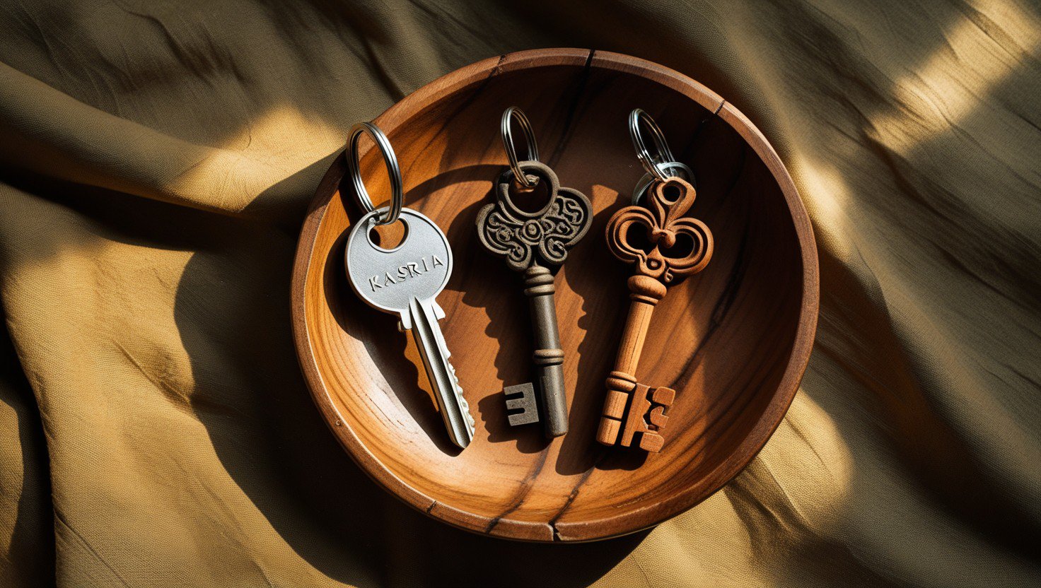 Three symbolic keys resting inside a traditional wooden kasria dish: a modern Málaga apartment key, an ancient rusted Morisco key from Córdoba, and a key carved from Loukkos elm wood
