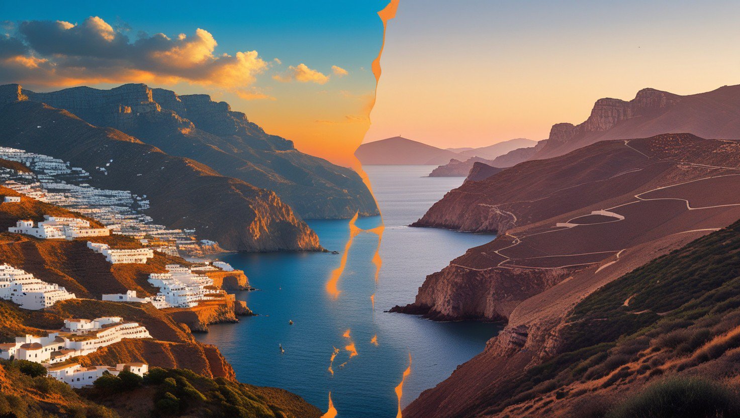 Artistic montage showing Alpujarra mountains in Andalusia merging with Jbala hills in Morocco across Gibraltar Strait