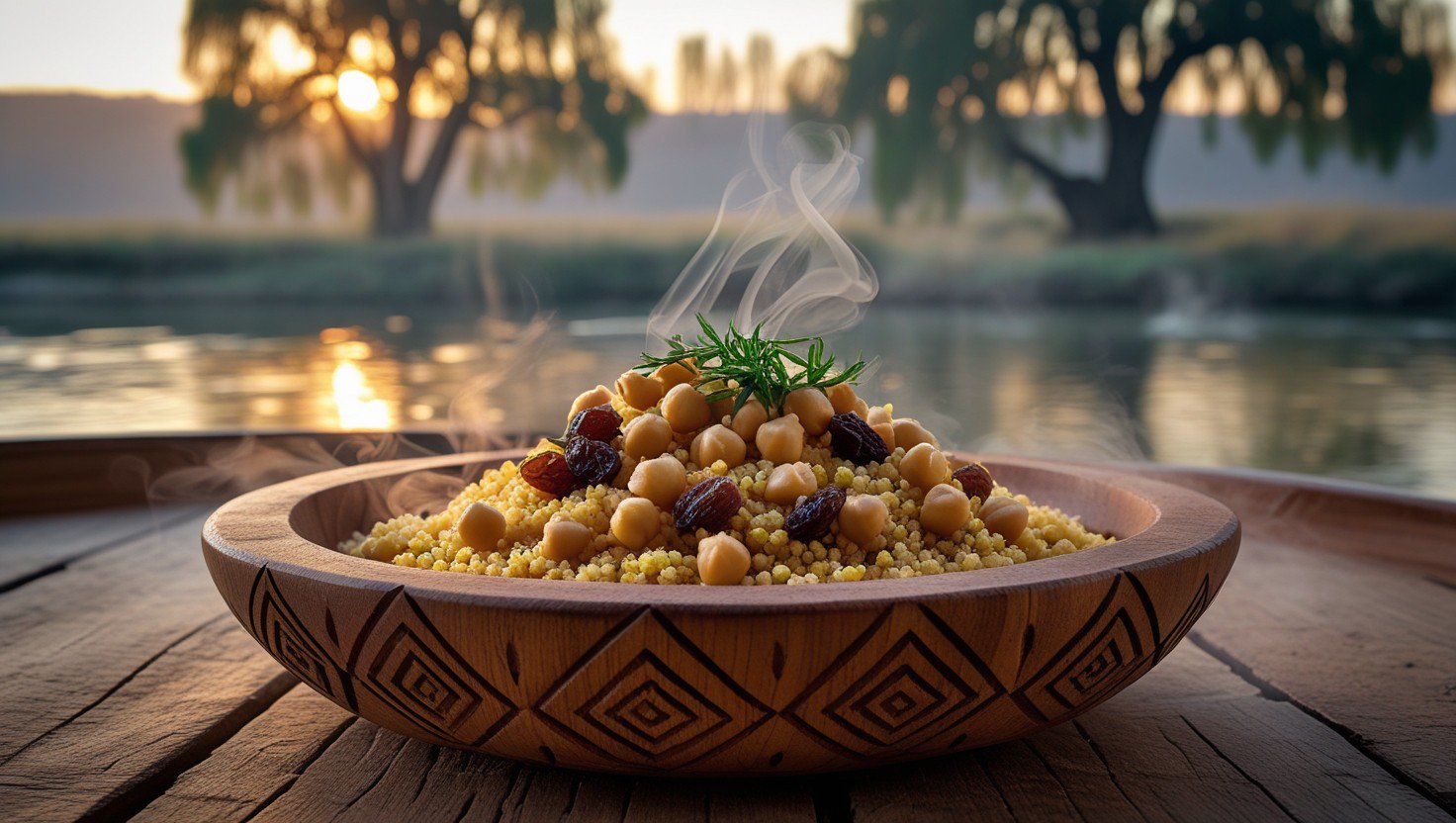 Traditional wooden kasria dish filled with seksou grains, with Loukkos river and elm trees in background
