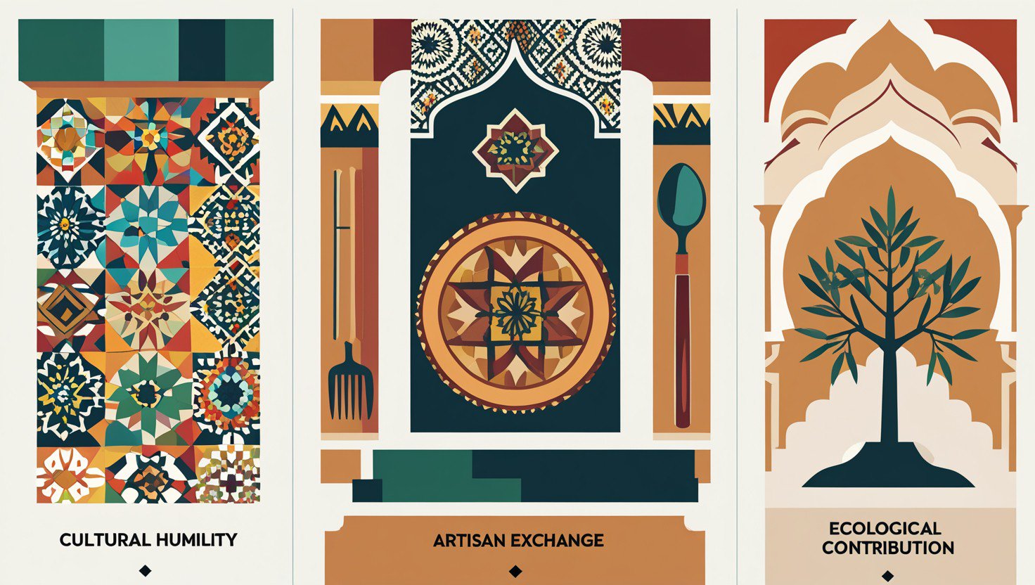 Infographic illustrating three principles of regenerative travel: Cultural Humility with zellige tile, Artisan Exchange with kasria dish, and Ecological Contribution with olive tree
