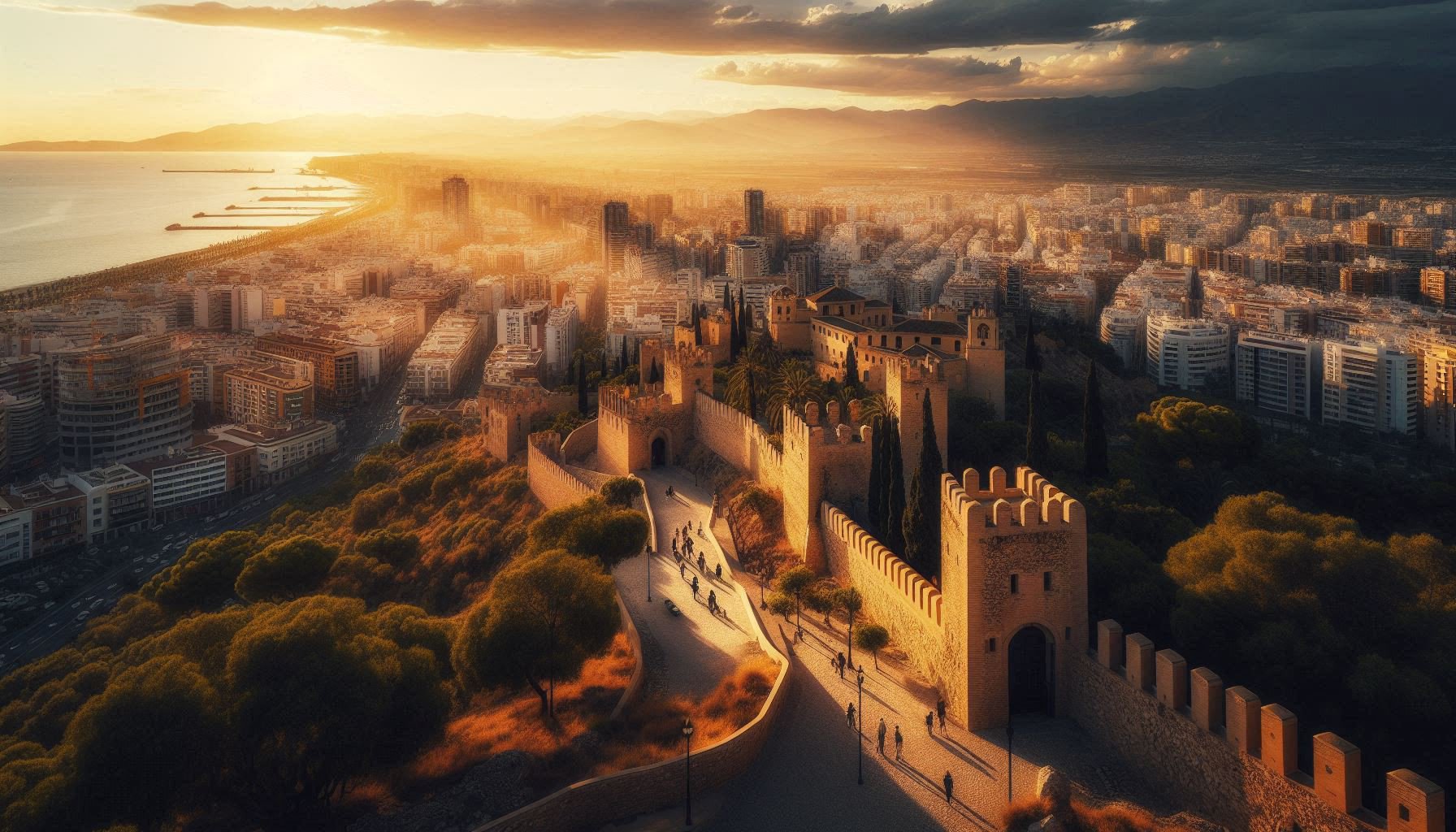 A stunning view from the top of Málaga's Alcazaba, looking down at the modern, graffiti-adorned Soho district, symbolizing the dialogue between ancient soul and digital future.