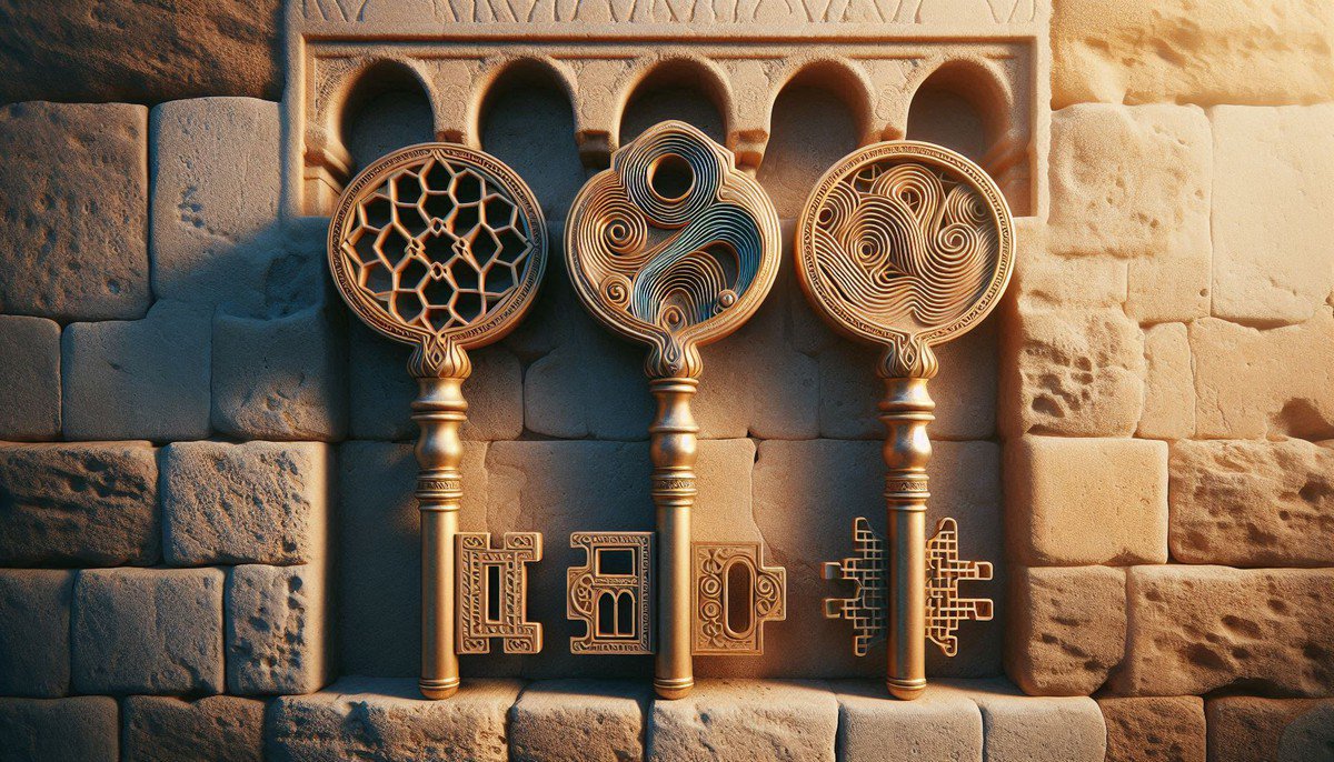 Three symbolic keys on Moorish stonework representing network, flow, and integration principles - ancient wisdom for modern innovation