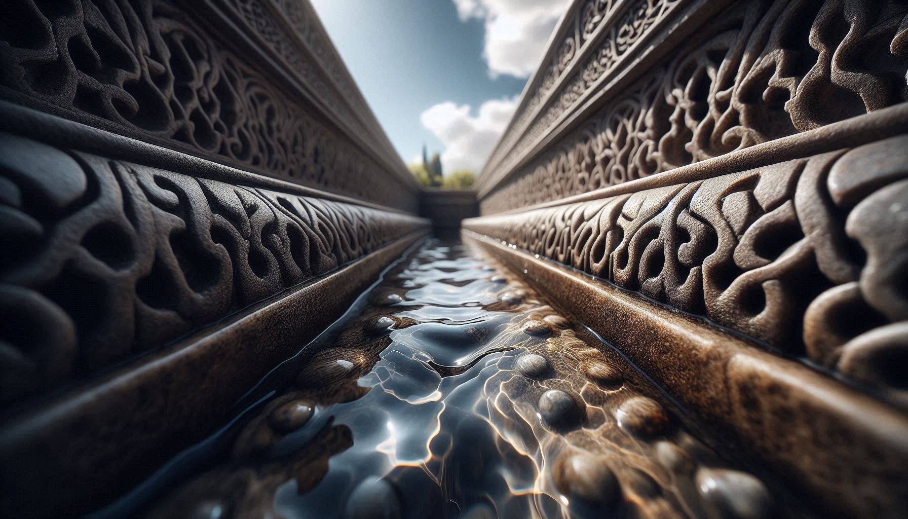 Close-up of ancient stone water channel in Alcazaba with water flowing through intricate pathways