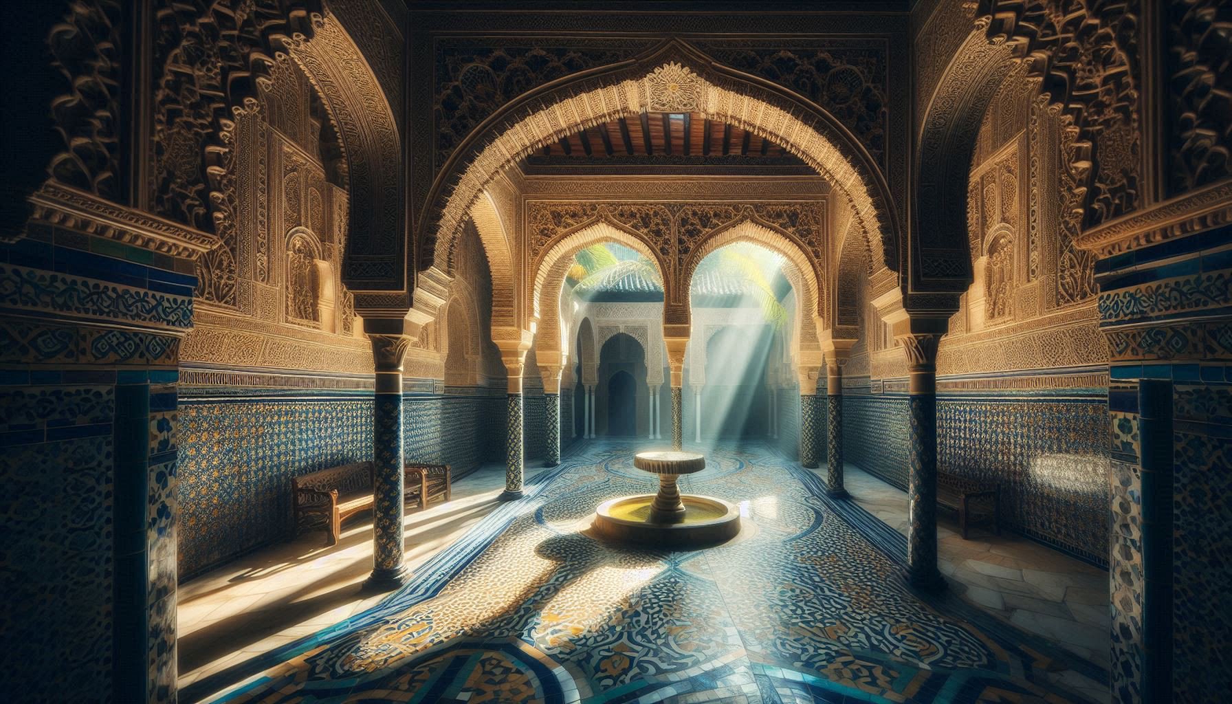 Sun-dappled courtyard in Alcazaba showing intricate zellige tilework and arches connecting multiple patios