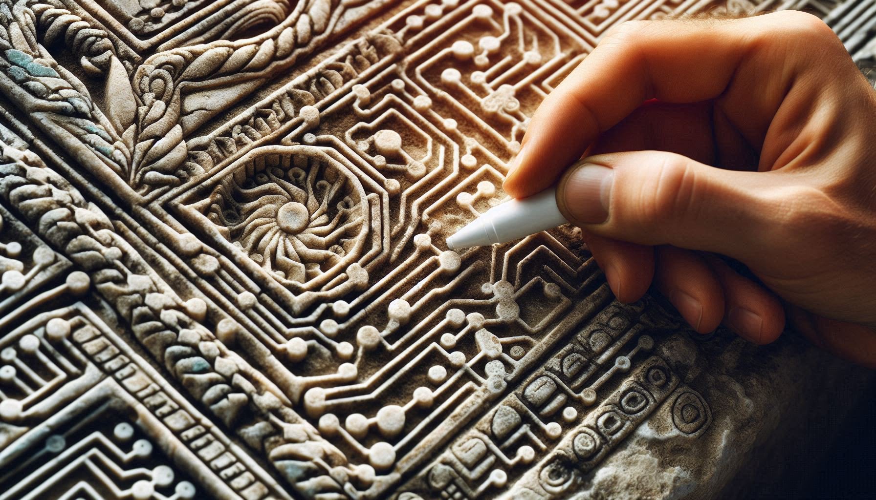 Hand tracing code pattern on ancient Andalusian stone wall - blending digital work with historical legacy