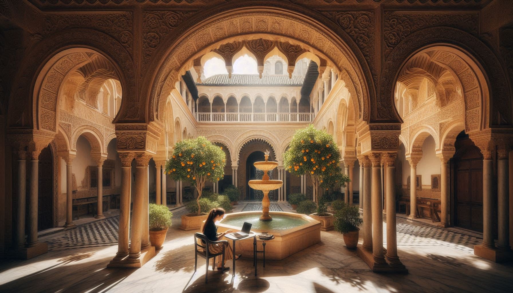 Historic patio at La Aduana Coworking Málaga with fountain, orange trees, and traditional architecture