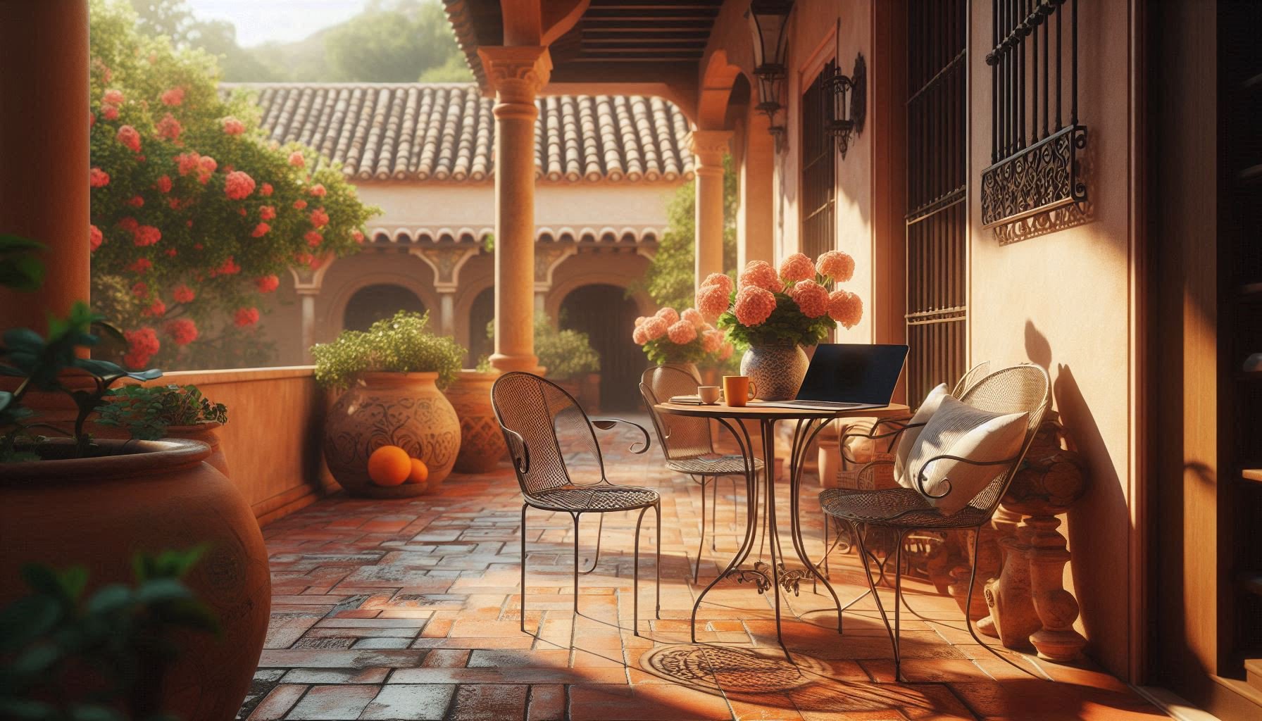 Andalusian patio coworking space in Málaga with laptop and plants - ideal rooted nomad workspace