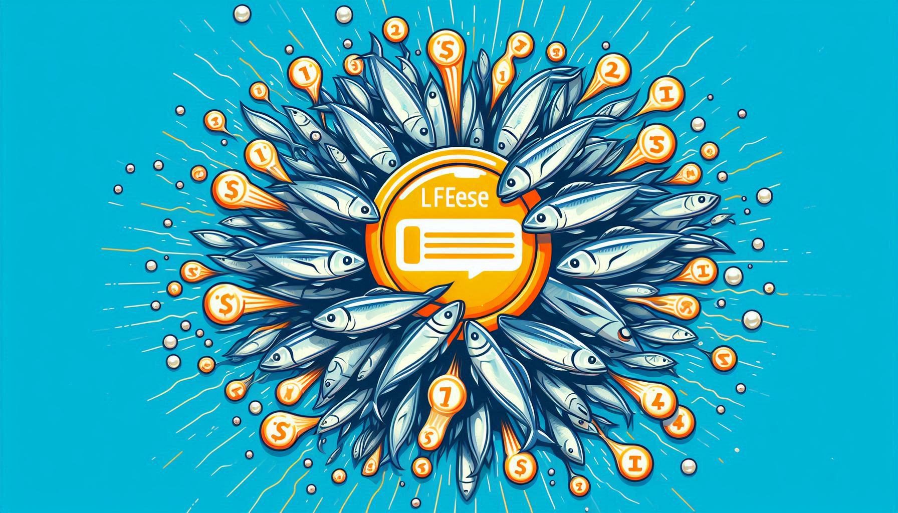 Dynamic illustration of a school of silver sardines, each carrying icons of value and engagement, swirling around a central emblem, symbolizing popular and impactful content on Salah Nomad's blog.