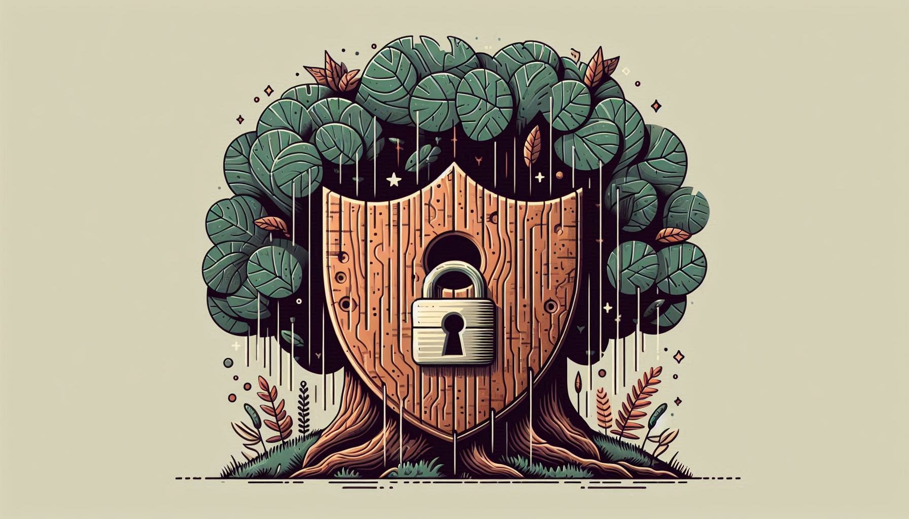 A wooden shield with a secure padlock, emerging from the roots of a sturdy tree with lush leaves, symbolizing data privacy and protection.