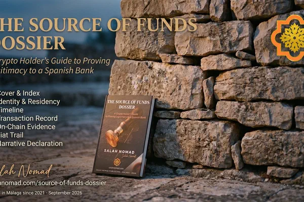 The Source of Funds Dossier — a bound seven-layer file resting at the foot of a Mediterranean dry-stone wall at blue hour