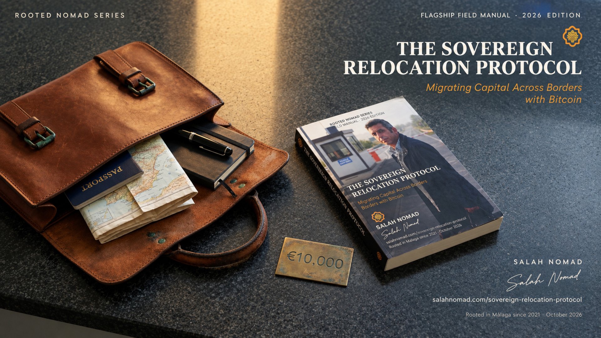 An open chestnut leather satchel on a honed dark grey granite counter at first light — a border checkpoint surface. Inside the satchel: a closed navy passport, a hand-folded paper map worn at one crease, a small black notebook, a single black fountain pen clipped to it. To the right, a hardcover book lies flat on the granite, cover face up. Between them, a small unpolished brass plate, dark patina, engraved in shallow sans-serif capitals with the number €10,000. Single hard amber light from the upper-left, roughly 3400 K, raking across the granite at about 25 degrees. Long soft shadows from the satchel and the book. No crypto devices, no cash, no hardware wallet visible in the satchel.