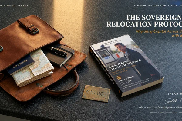 An open chestnut leather satchel on a honed dark grey granite counter at first light — a border checkpoint surface. Inside the satchel: a closed navy passport, a hand-folded paper map worn at one crease, a small black notebook, a single black fountain pen clipped to it. To the right, a hardcover book lies flat on the granite, cover face up. Between them, a small unpolished brass plate, dark patina, engraved in shallow sans-serif capitals with the number €10,000. Single hard amber light from the upper-left, roughly 3400 K, raking across the granite at about 25 degrees. Long soft shadows from the satchel and the book. No crypto devices, no cash, no hardware wallet visible in the satchel.