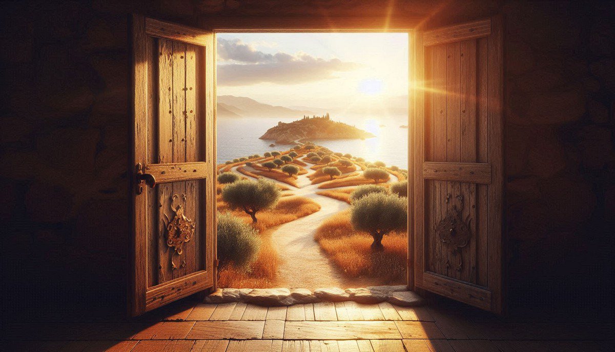 Ancient wooden door opening to Mediterranean crossroads - one path to olive groves (roots), another to the sea (freedom) - symbolizing the start of your Rooted Nomad journey
