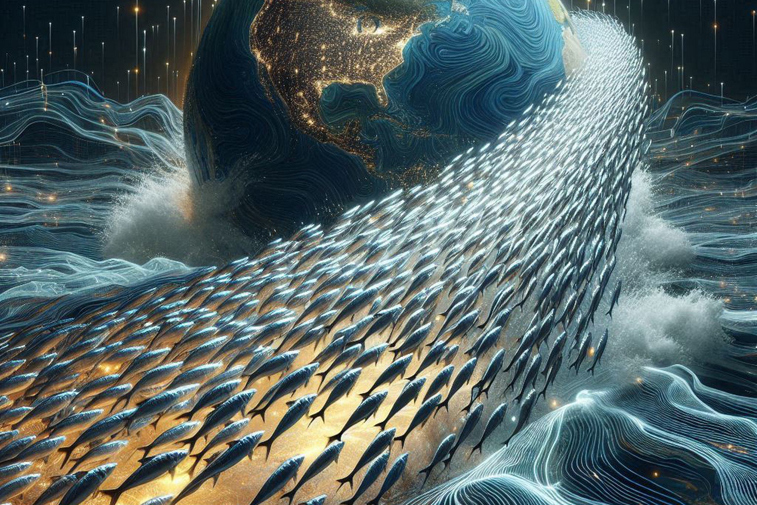 A school of silver sardines swimming in a powerful, unified current between the abstracted coastlines of Spain and Morocco, symbolizing purposeful movement.