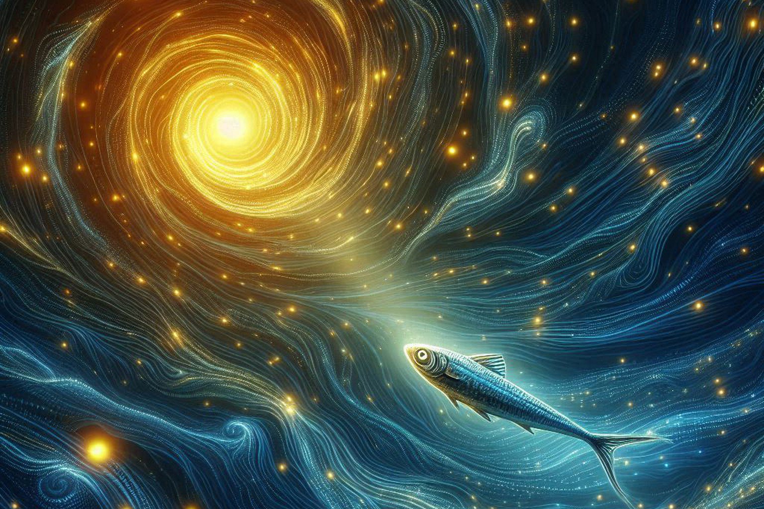 Abstract visualization of sardine following glowing nutrient currents - symbolizing value-based movement
