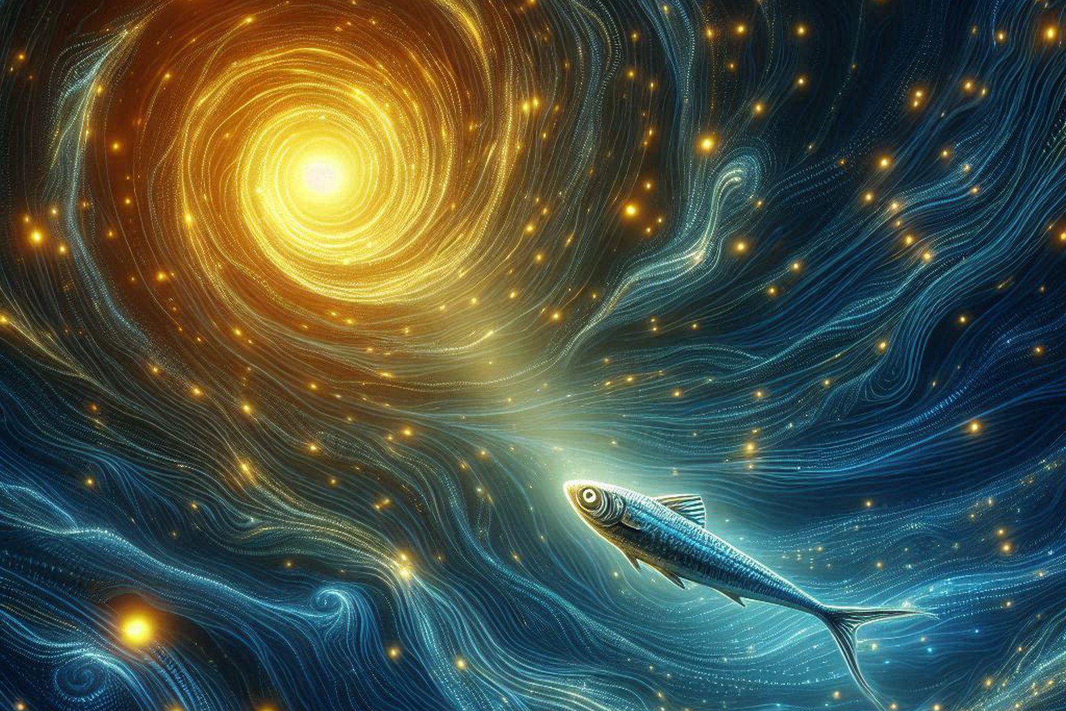 Abstract visualization of sardine following glowing nutrient currents - symbolizing value-based movement