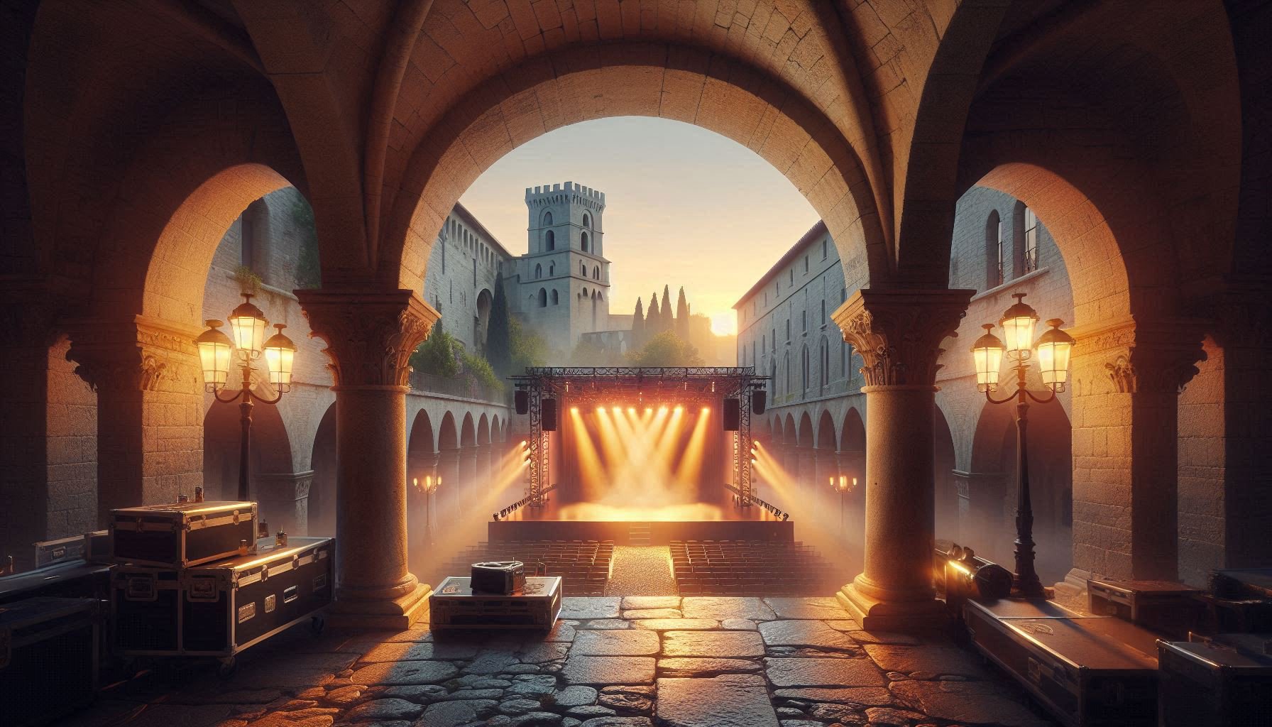 Medieval courtyard in Avignon transformed into contemporary festival stage at dusk - stone arches framing vibrant lighting