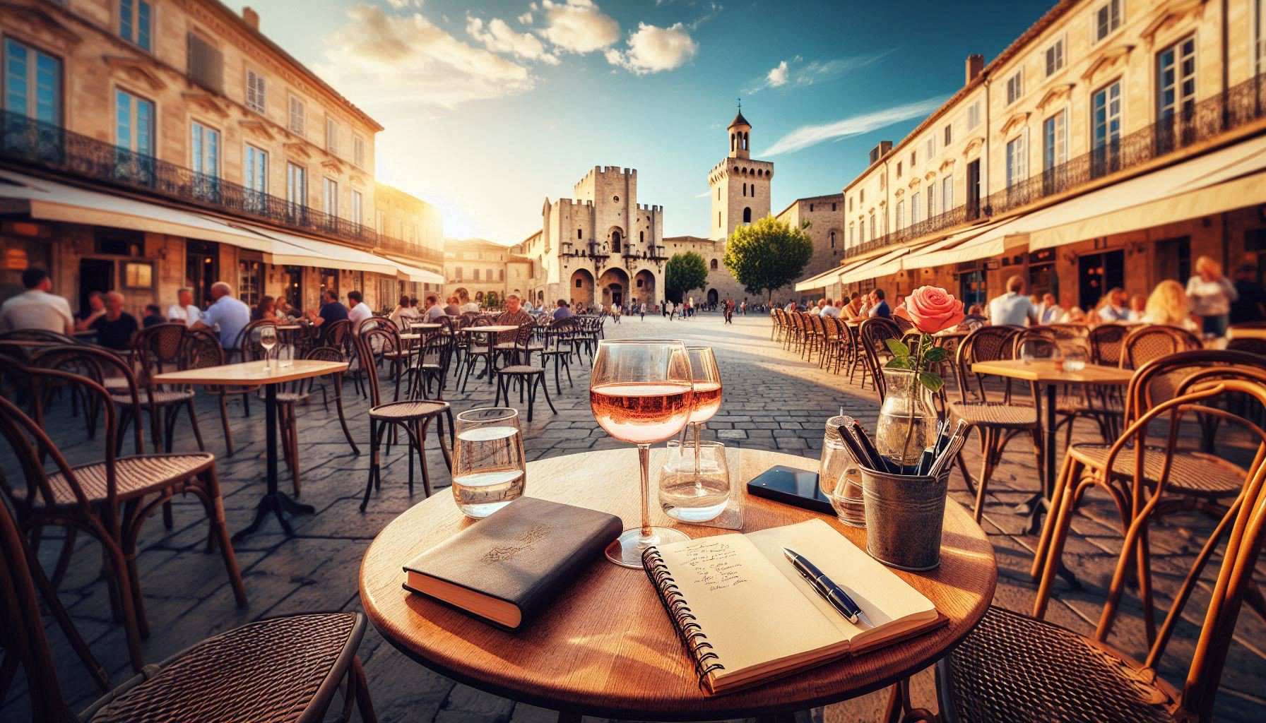 Terrace of Café Lou Mistrau in Avignon where creative collaboration sparks over wine and notebooks