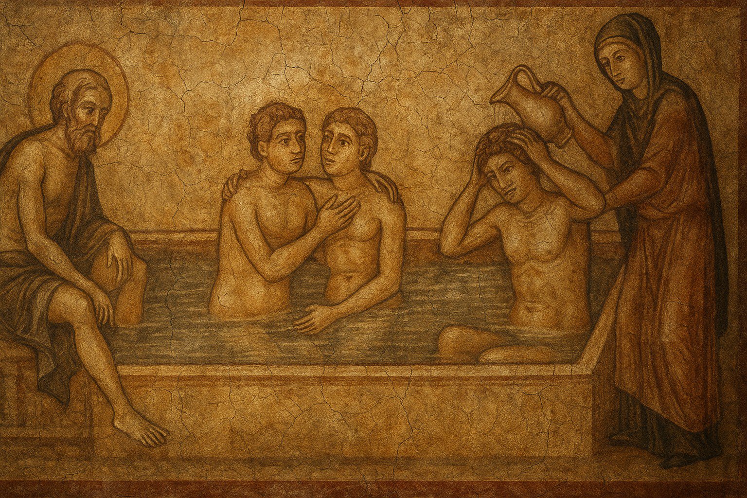 14th-century Byzantine bath fresco in Palais des Papes depicting ancient community rituals