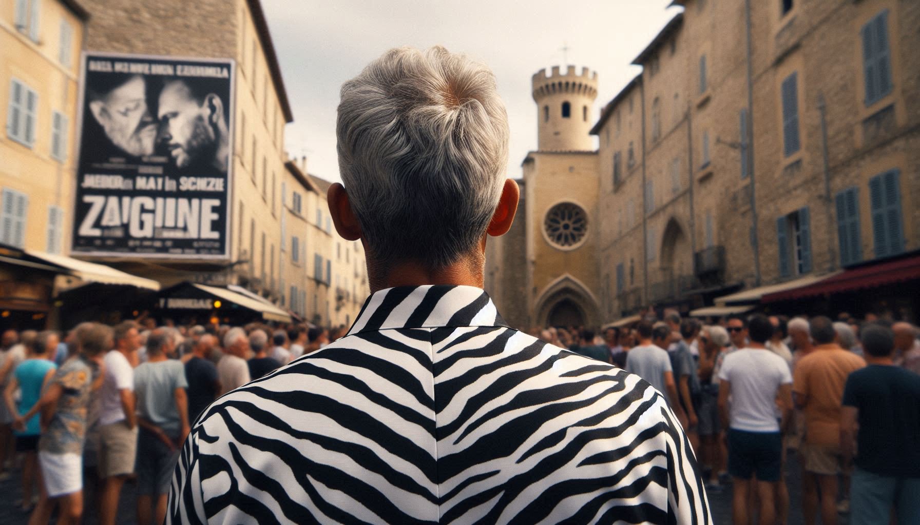 Salah Nomad wearing bold zebra-striped shirt amidst Avignon festival crowd - embodying visible authenticity