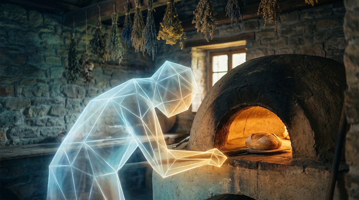A soft luminous geometric form made of pale cool light gently bowing before an ancient earthen wood-fired baker's oven glowing with warm golden heat, a round loaf baking inside, Mediterranean stone wall with hanging dried herbs, palette transitioning from cool teal to warm sunset gold.