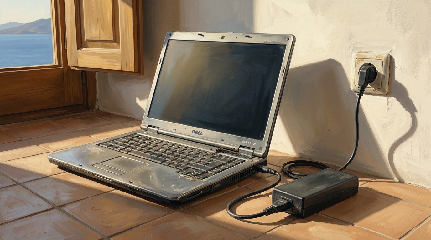 An aging silver laptop from 2010 seen in three-quarter angle, its power cable plugged into the wall like a loyal old horse tethered at its post, keyboard with nearly erased letters catching the late afternoon light on a sunlit terracotta floor, whitewashed Mediterranean wall and a glimpse of sea through an open shutter.