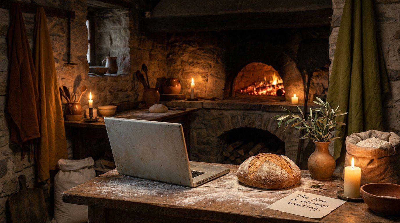A quiet Mediterranean artisan workshop at dusk: a closed aged silver laptop resting on a flour-dusted wooden workbench beside a freshly baked round loaf and a small olive branch, an ancient stone oven holding a soft red glow of embers in the dimness, warm candlelight mixing with the ember glow.